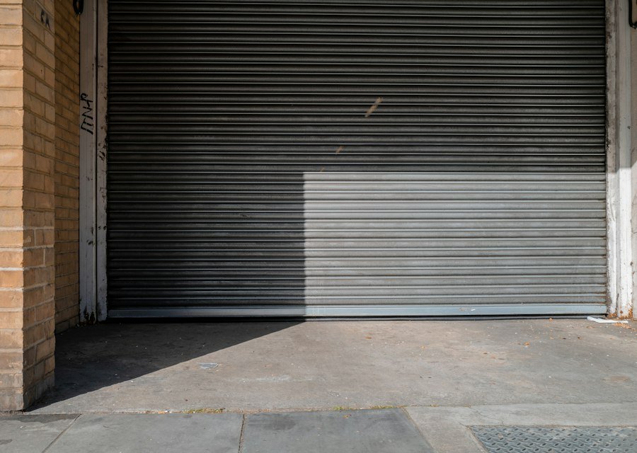 Grey roll up door closed